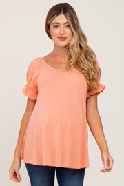 Coral Ruffle Sleeve Ribbed Maternity Top