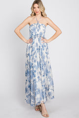 Blue Floral Halter Neck Tie Maxi Dress