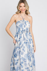 Blue Floral Halter Neck Tie Maxi Dress