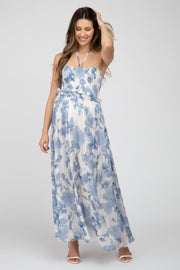 Blue Floral Halter Neck Tie Maternity Maxi Dress