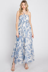 Blue Floral Halter Neck Tie Maxi Dress