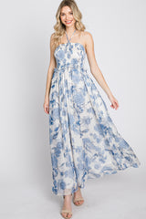 Blue Floral Halter Neck Tie Maxi Dress