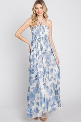 Blue Floral Halter Neck Tie Maxi Dress