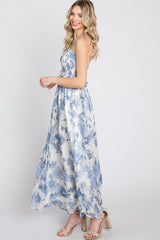 Blue Floral Halter Neck Tie Maxi Dress