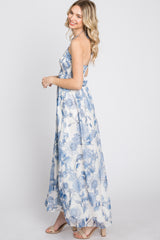 Blue Floral Halter Neck Tie Maxi Dress