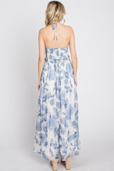 Blue Floral Halter Neck Tie Maxi Dress