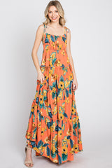 Coral Floral Shoulder Tie Tiered Maxi Dress