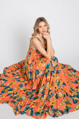 Coral Floral Shoulder Tie Tiered Maxi Dress