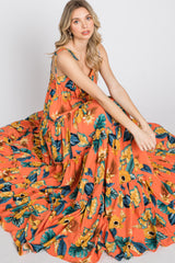 Coral Floral Shoulder Tie Tiered Maxi Dress