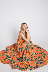 Coral Floral Shoulder Tie Tiered Maxi Dress