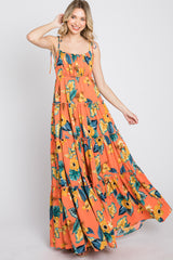 Coral Floral Shoulder Tie Tiered Maxi Dress