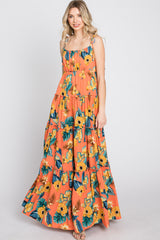 Coral Floral Shoulder Tie Tiered Maxi Dress