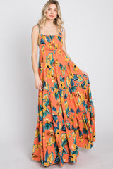 Coral Floral Shoulder Tie Tiered Maxi Dress