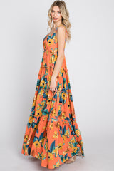 Coral Floral Shoulder Tie Tiered Maxi Dress