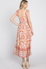 Rust Paisley Floral Waist Tie Midi Dress