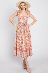 Rust Paisley Floral Waist Tie Midi Dress