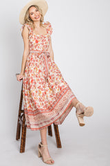 Rust Paisley Floral Waist Tie Midi Dress