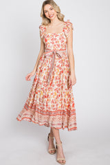 Rust Paisley Floral Waist Tie Midi Dress