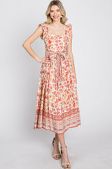 Rust Paisley Floral Waist Tie Midi Dress