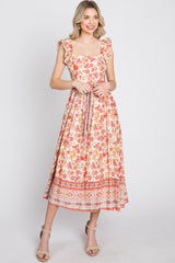 Rust Paisley Floral Waist Tie Midi Dress