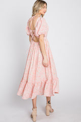 Pink Floral Puff Sleeve Maternity Midi Dress