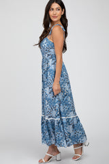 Blue Floral Shoulder Tie Maxi Dress