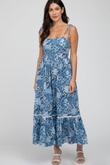 Blue Floral Shoulder Tie Maxi Dress