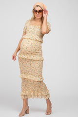 Yellow Smocked Ruffle Accent Maternity Midi Dress