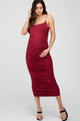 Burgundy Ruched Fitted Maternity Maxi Dress