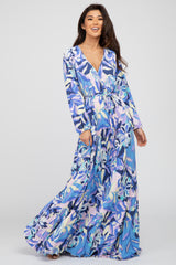 Blue 70's Print Wrap Front Maxi Dress