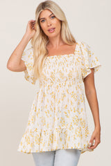 Cream Floral Smocked Side Pocket Top