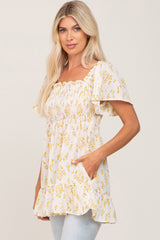 Cream Floral Smocked Side Pocket Top