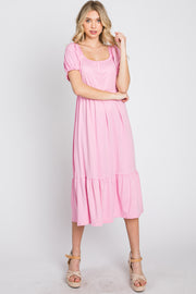 Pink Square Neckline Midi Dress