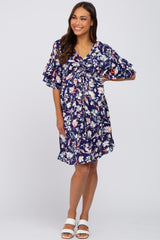 Navy Floral Cinched Front Maternity Dress