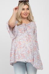 Blue Floral Tiered Front Tie Maternity Blouse