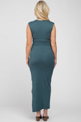 Teal Sleeveless Twist Cutout Maternity Midi Dress