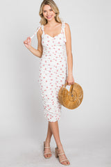 Ivory Floral Sleeveless Ruched Midi Dress