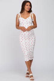 Ivory Floral Sleeveless Ruched Maternity Midi Dress