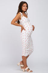 Ivory Floral Sleeveless Ruched Maternity Midi Dress