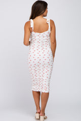 Ivory Floral Sleeveless Ruched Maternity Midi Dress