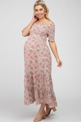 Pink Floral Smocked Off Shoulder Maternity Midi Dress