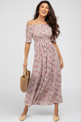 Pink Floral Smocked Off Shoulder Maternity Midi Dress