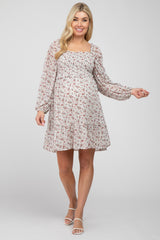 Ivory Floral Chiffon Smocked Square Neck Maternity Dress