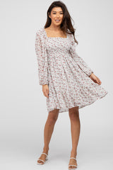 Ivory Floral Chiffon Smocked Square Neck Dress