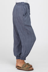 Navy Blue Print Waist Tie Slouchy Pants