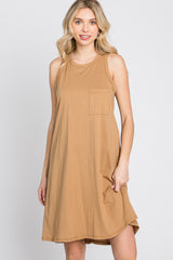 Camel Pocket Front Sleeveless Dress