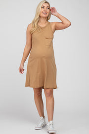 Camel Pocket Front Sleeveless Maternity Dress