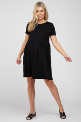 Black Cuffed Short Sleeve Babydoll Maternity Dress