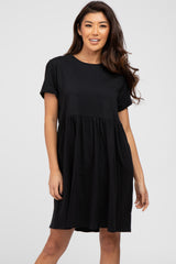 Black Cuffed Short Sleeve Babydoll Maternity Dress