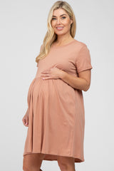 Mauve Cuffed Short Sleeve Babydoll Maternity Dress